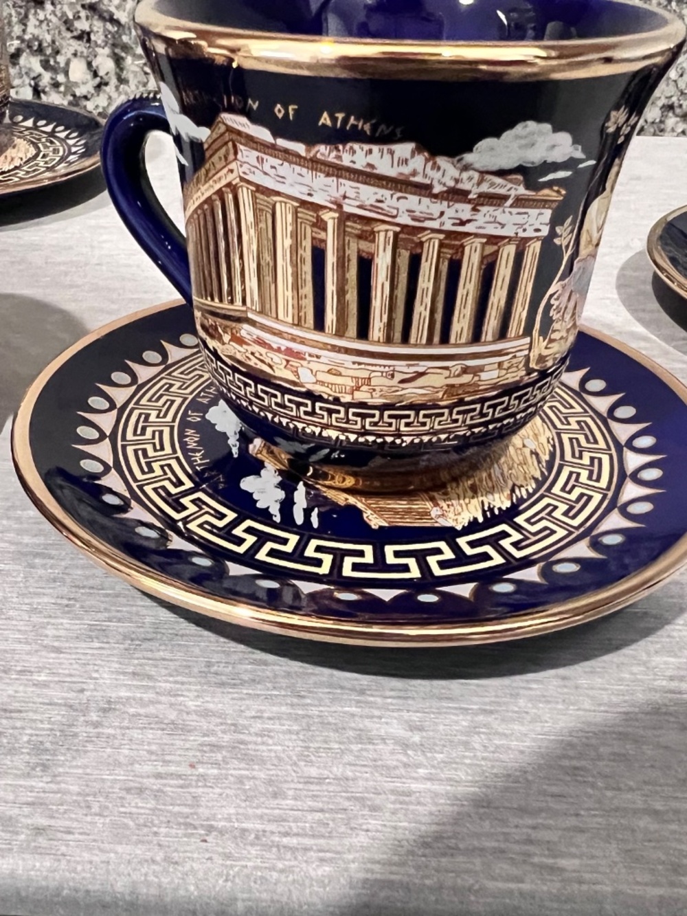 Greek Parthenon 24K Gold Cobalt Cup & Saucer Set 10 Pieces - Picture 5 of 15